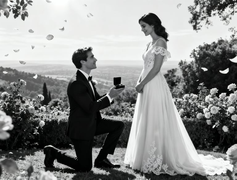 “Groom proposing to bride in garden setting during engagement film shoot by Frames by Peter Toronto.”