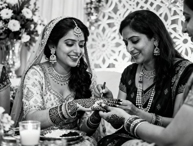 “Bride getting mehndi applied during pre-wedding celebration filmed in Toronto by Frames by Peter.”