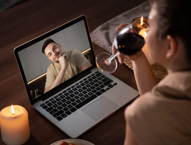 a woman is drinking wine while she is watching a video of herself