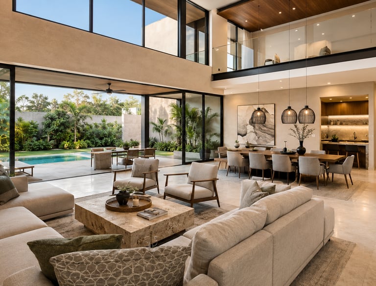 Modern luxury open concept living room and dining area with views of a tropical backyard pool.