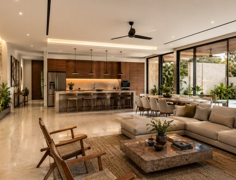 Modern luxury open-concept living area with stone walls, wooden kitchen, and pool view.
