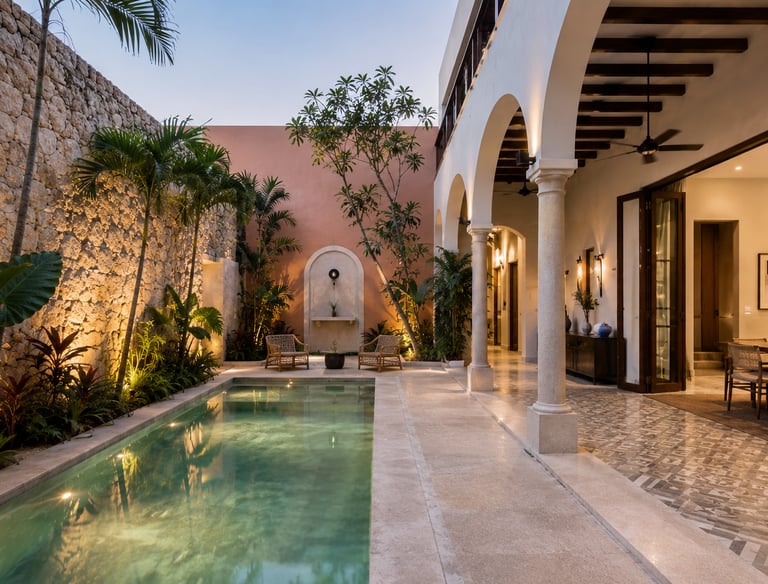 Luxury villa patio featuring a narrow swimming pool, stone walls, and elegant arched architecture with outdoor lighting.