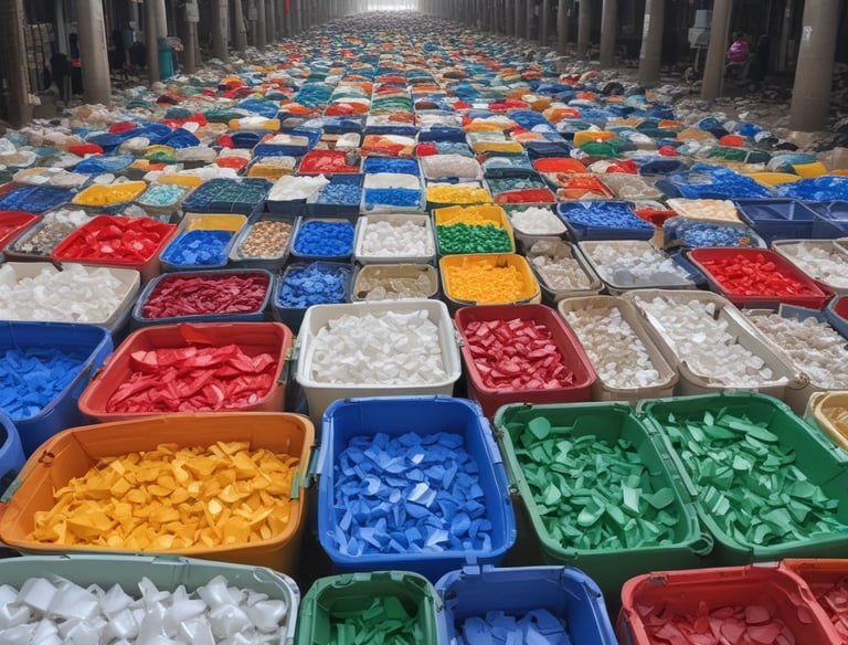 Colorful recyclable plastic materials stacked for processing.