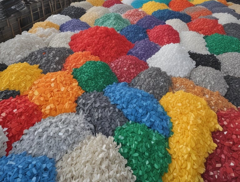 Stacks of sorted plastic pellets ready for export at a warehouse.