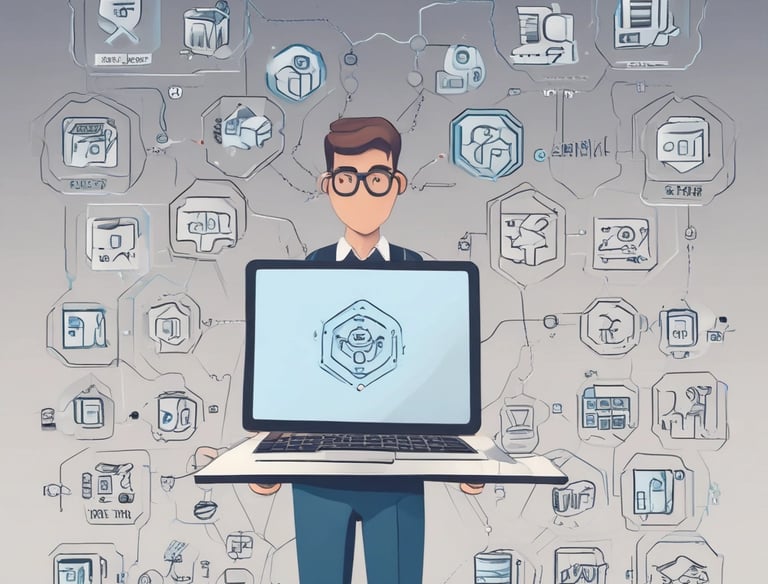 A tech-themed abstract background with digital elements.