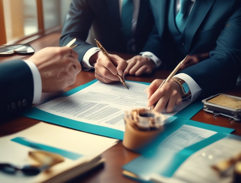 A professional office setting with legal books and a laptop.