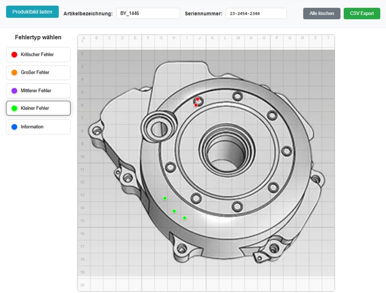 CAD-Ansicht eines Maschinenteils mit markierten Fehlerpunkten in verschiedenen Farben.