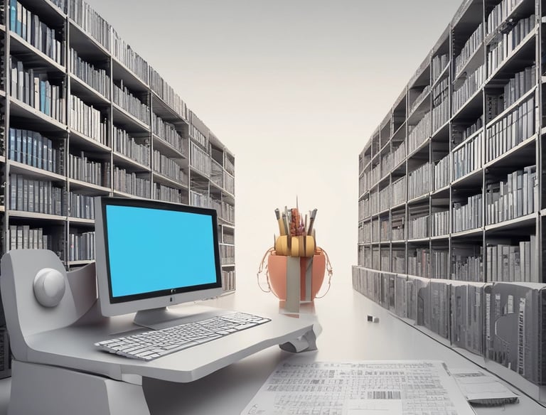 A small, white humanoid robot with blue accents, including eyes, mouth, and a circular badge with the letters 'AI' on its chest, is positioned in front of a blue laptop on a metallic surface. The robot has a simple, smooth design with two cylindrical arms and a small antenna on top.
