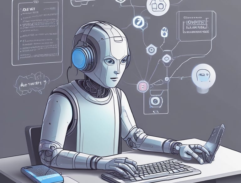 A smartphone displays a webpage related to ChatGPT, showcasing details about the language model and its development. The screen shows text explaining ChatGPT's capabilities and origins. In the background, a logo with a neural network design and the word 'ChatGPT' are visible.