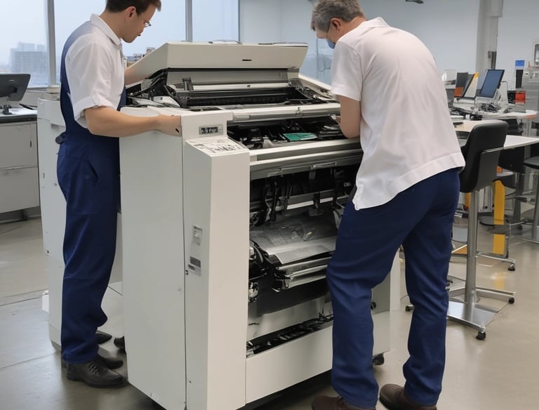 A monochrome image of a black multifunction printer with the brand name visible on the top. The printer displays a control panel and an open paper tray. It is positioned against a plain wall with a small portion of a person or object partially visible in the foreground.
