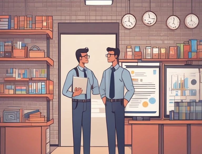 A dimly lit storage room filled with shelves and various office supplies. There are boxes, binders, and paper rolls placed on different racks. A large photocopy machine is visible in the center of the room, surrounded by other electronic equipment. The lighting is primarily fluorescent, casting a purple hue throughout the space.