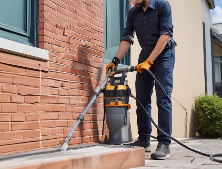 A partially constructed or renovated interior space featuring exposed brick walls and wooden ceilings. A white door is visible in the background next to a red painted wall. A plastic sheet covers furniture on the right side, and there are construction materials scattered across the floor.