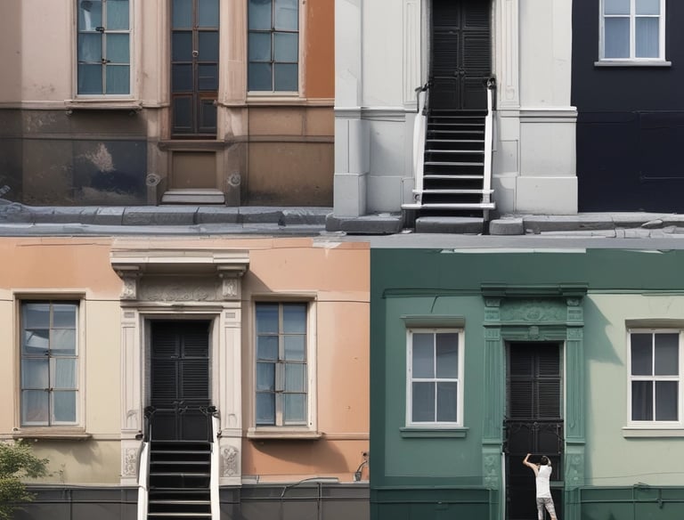 An unfinished room with exposed brickwork on the left, partially plastered walls, and construction materials scattered across the floor. A large window at the far end provides natural light. Tools and buckets are present, suggesting ongoing renovation work.
