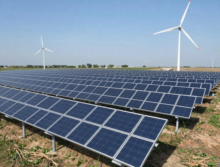 Large wind turbines are standing on rolling hills under a cloudy sky. The landscape is expansive, with the turbines evenly spaced across the terrain, suggesting a focus on renewable energy.