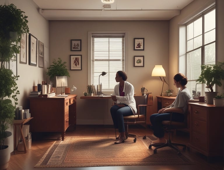 A chain-link fence encloses an area with a brick building to the right, labeled as a mental health facility. In the center, there is a small, bright yellow kiosk or shed with a green roof. The area is grassy with a dirt path leading towards the kiosk, and several trees provide greenery in the background. The sky is clear with a few scattered clouds, suggesting pleasant weather.