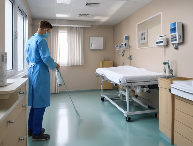 A minimalist composition featuring eco-friendly cleaning products arranged on a textured beige fabric. There's a bottle with a pump dispenser, a small packet, and two paper bags with lavender and mint green labels. The background is softly lit, creating a calm atmosphere.