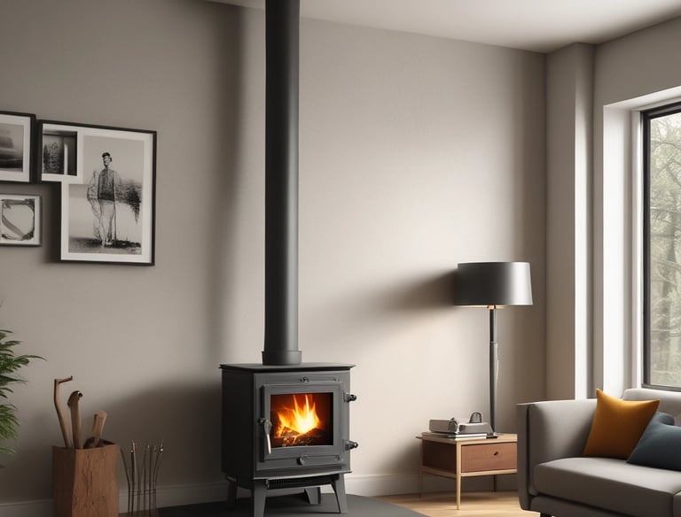 Un poêle à bois moderne avec un conduit noir, placé dans un salon lumineux.