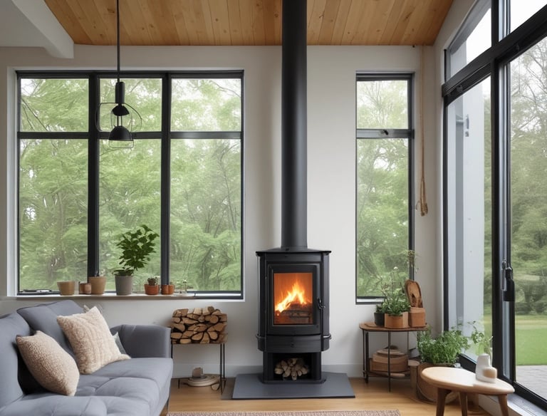 Poêle à bois moderne avec un conduit noir, installé dans un salon lumineux