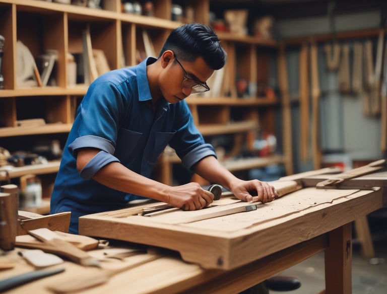A workshop scene with artisans crafting furniture.