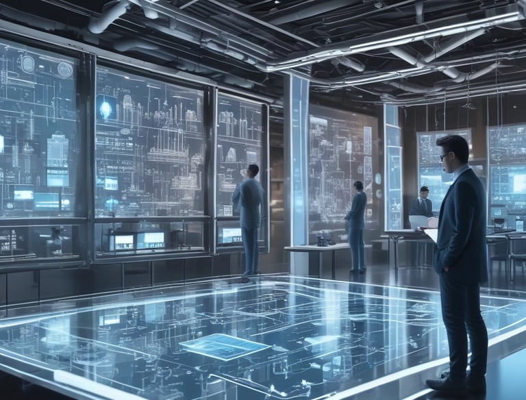 A close-up of a digital dashboard displaying data analytics and process simulations.