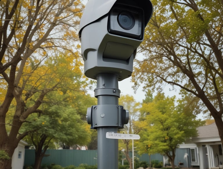 A security camera with two antennas is mounted on a structure. The camera is branded with the name 'Imou' and is connected to a black mounting plate. Background includes a parked car, a building, and green foliage.
