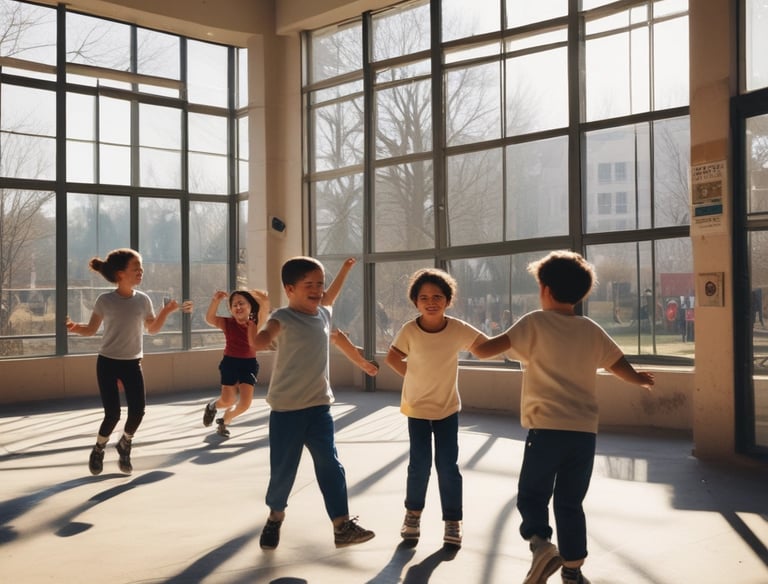 A multi-story educational or institutional building with large blue-tinted windows, surrounded by a paved road and some vegetation. The foreground features a landscaped area with young plants and a black-and-white painted curb. Several people are gathered near the entrance of the building.