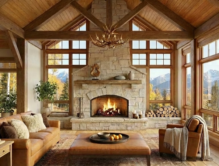 Rustic living room with a stone fireplace, wood beams, leather sofa, and mountain views through large windows.