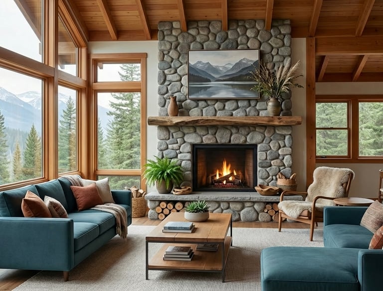 Rustic modern mountain cabin living room featuring a stone fireplace and large windows with forest views.