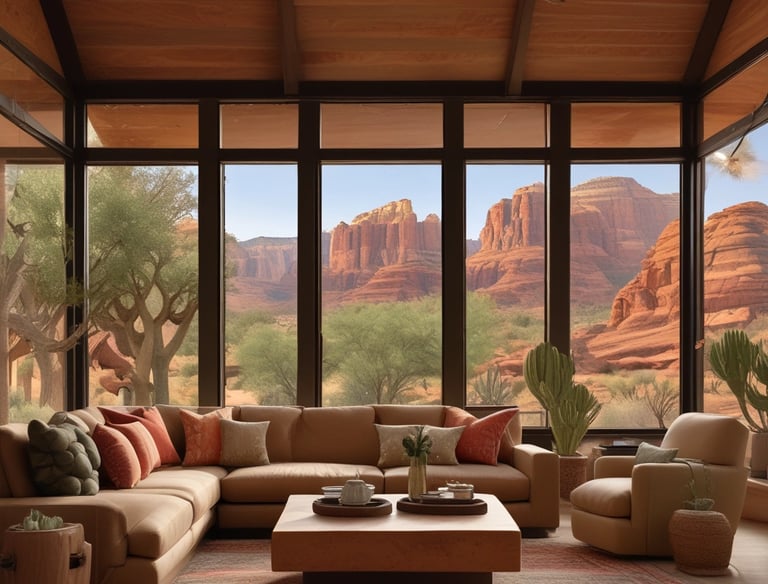 Modern desert living room with a large sectional sofa and panoramic views of red rock formations.