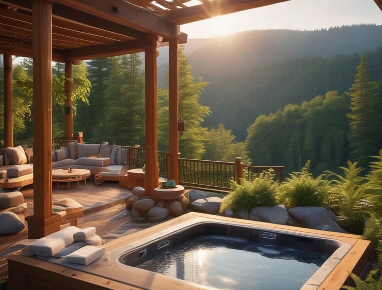 Luxury outdoor deck with a bubbling hot tub and mountain views at sunset.