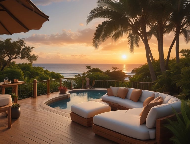 Luxury tropical patio with outdoor furniture, a private pool, and palm trees at sunset overlooking the ocean.