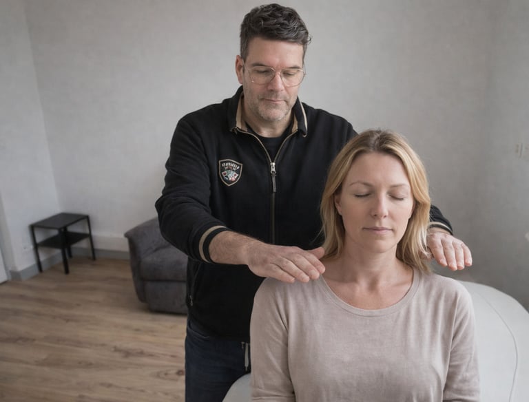 Thomas Beaucher en pleine séance de magnétisme avec une consultante assise