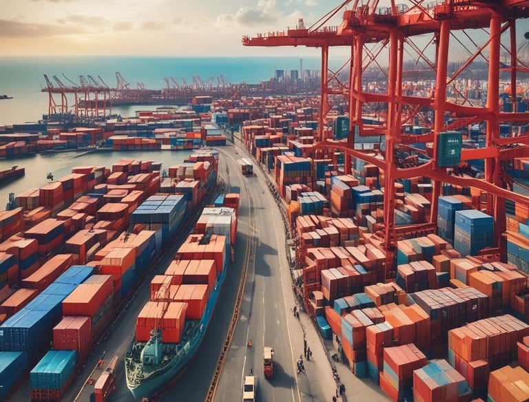 a truck driving down a highway with cargo containers in the background