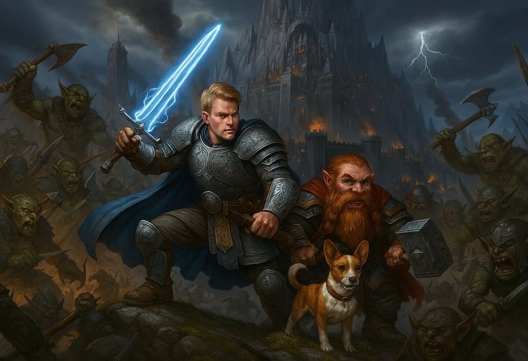 A man holding a sword next to a dwarf, battling a horde of orcs and goblins