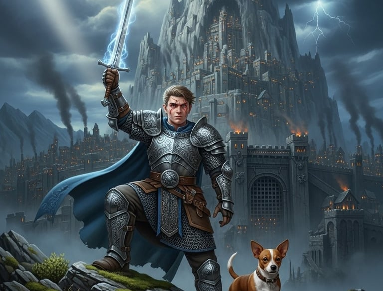 A man wearing armor holding a sword aloft, in front of a mountain fortress