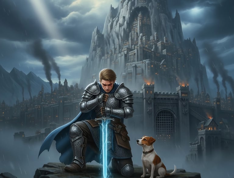 A man wearing armor, kneeling with his sword in front of him with the tip down 