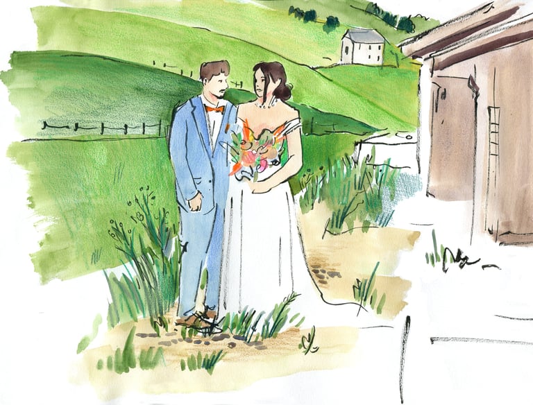 illustration de mariés dans les montagnes