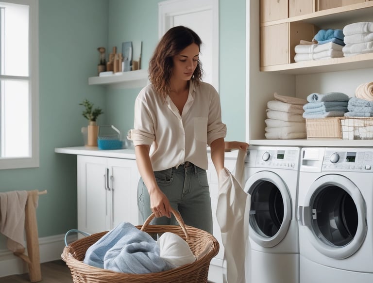 A row of industrial dryers with a sign above them indicating the cost and time for use. Several of the dryers are running, visible by the spinning clothes inside. A metal laundry cart is positioned in front of the dryers, and the floor is tiled.