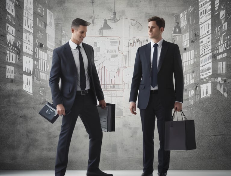A confident professional consulting a client in a modern office setting.