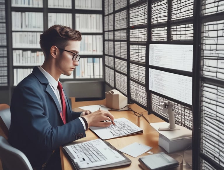 a man on his desk facing his laptop, researching data and analyses it