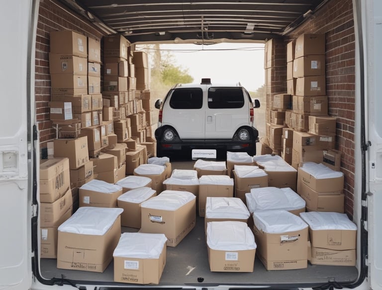  A white cargo van lined up with oder cargo vans at the red light 