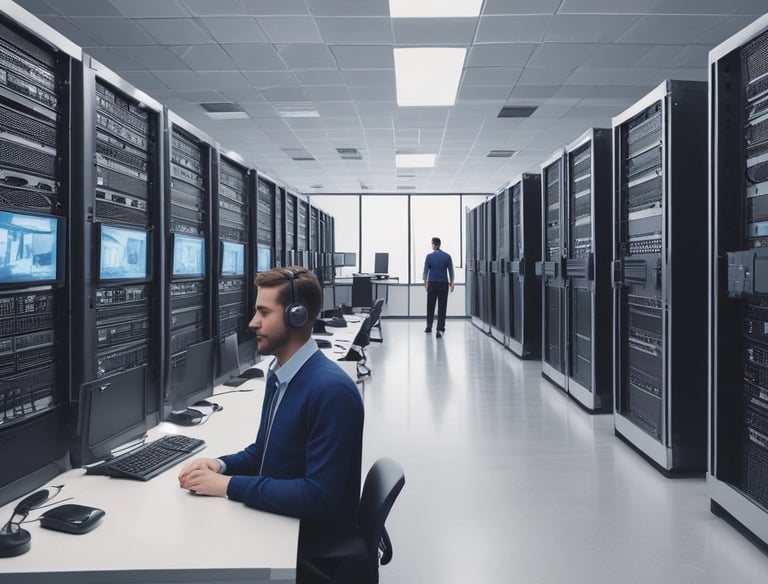 A person wearing a white mask is interacting with a network server, handling blue cables. The setup is illuminated with blue lights, suggesting a technological environment.