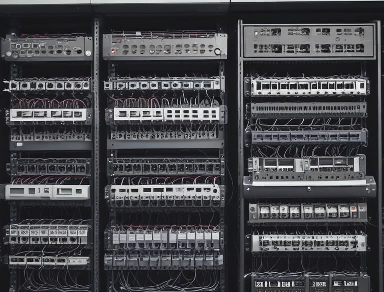 A dimly lit server rack filled with network equipment. Multiple colored cables, predominantly red, blue, and black, are neatly organized and connected to various devices such as switches and routers. Small LED lights on the equipment indicate active connections.