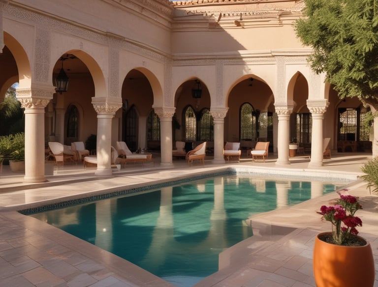A picturesque villa is nestled on the edge of a lush, forested hill overlooking a calm body of water. The building features a classic architectural style with light-colored walls and a terracotta roof. Surrounding the villa are meticulously maintained gardens and several sculpted trees. The backdrop consists of verdant hills and distant mountains under a partly cloudy sky.