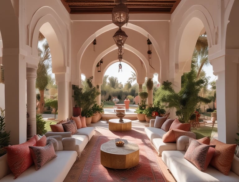 A large, rustic villa complex surrounded by lush greenery and tall palm trees. It features traditional thatched roofs and wooden structures, set against a backdrop of forested hills.