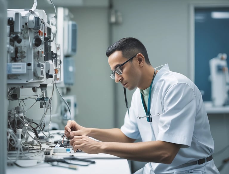 A stainless steel tray is arranged with various surgical instruments and medical supplies. There are pairs of scissors, forceps, and a pair of tweezers. In the background, there are bottles of antiseptic solution and medical tape.