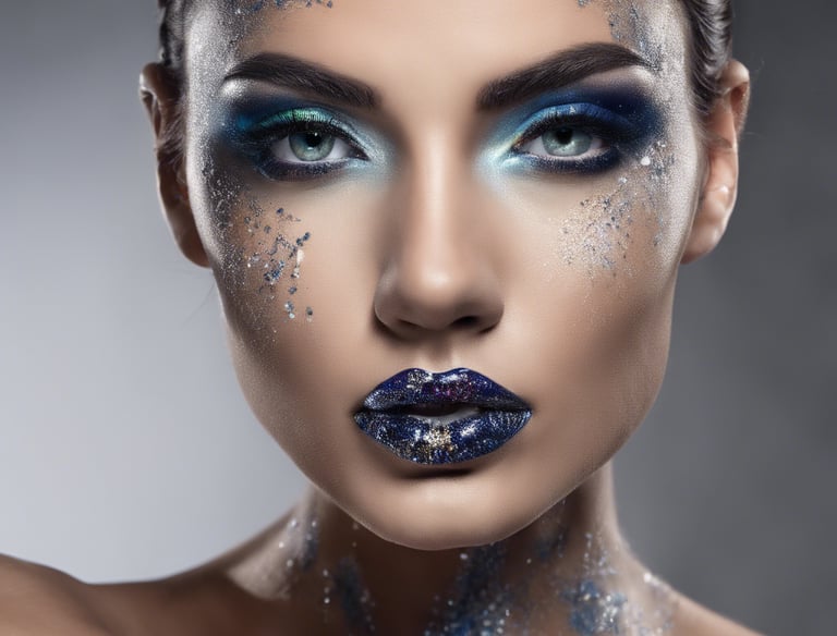 a beautiful woman with blue extreme makeup and glitter on her face