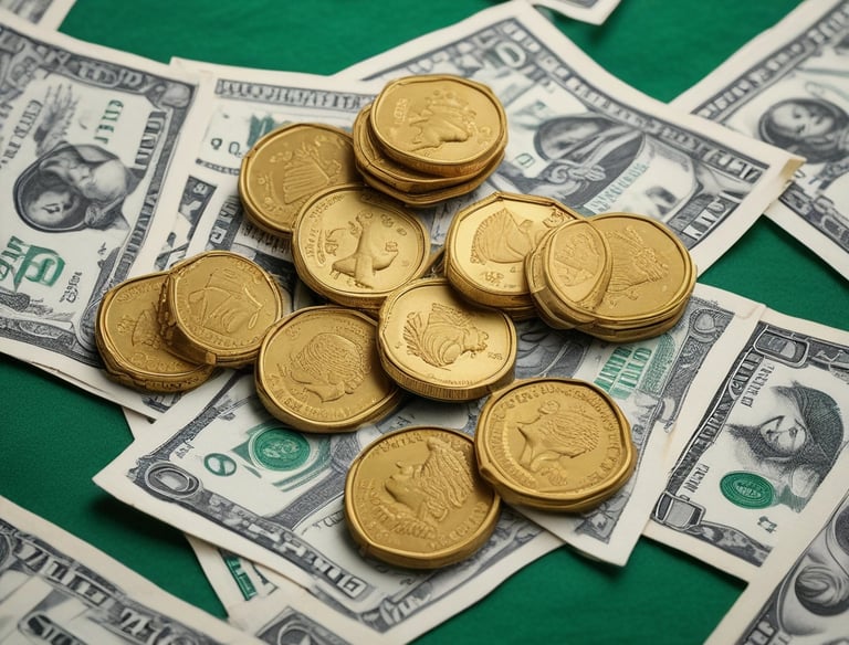 A person examining a gold coin with a thoughtful expression.