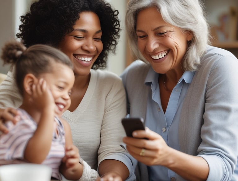 A family enjoying time together, smiling and relaxed in a comfortable environment.