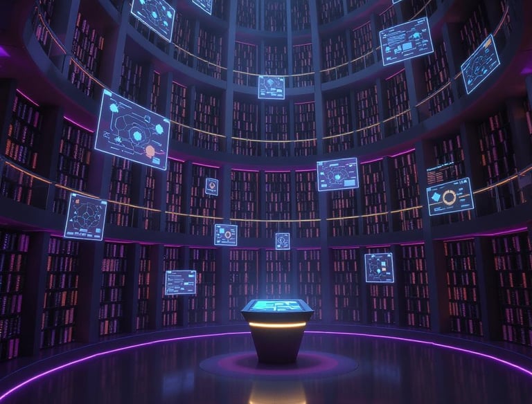 A futuristic library: towering shelves curve into an atrium; between shelves.